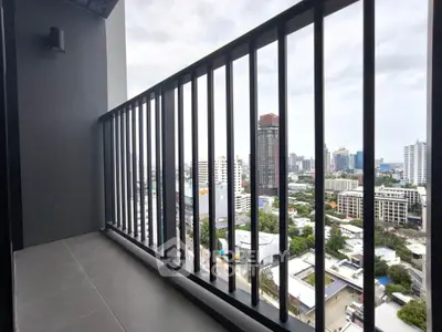Modern balcony with city skyline view, perfect for urban living enthusiasts.