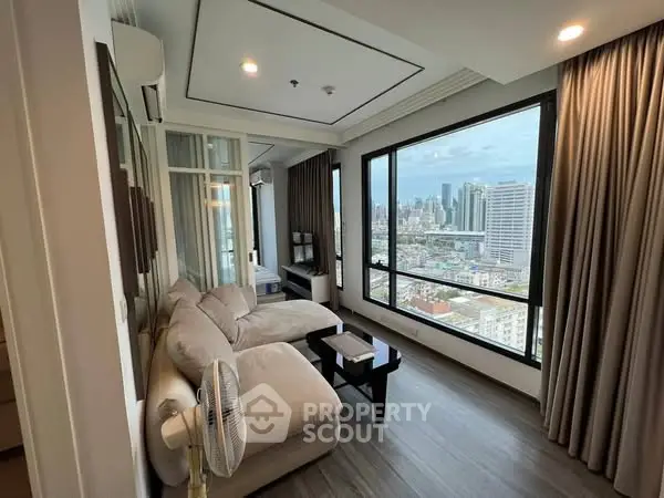 Luxurious living room with stunning city view and modern decor