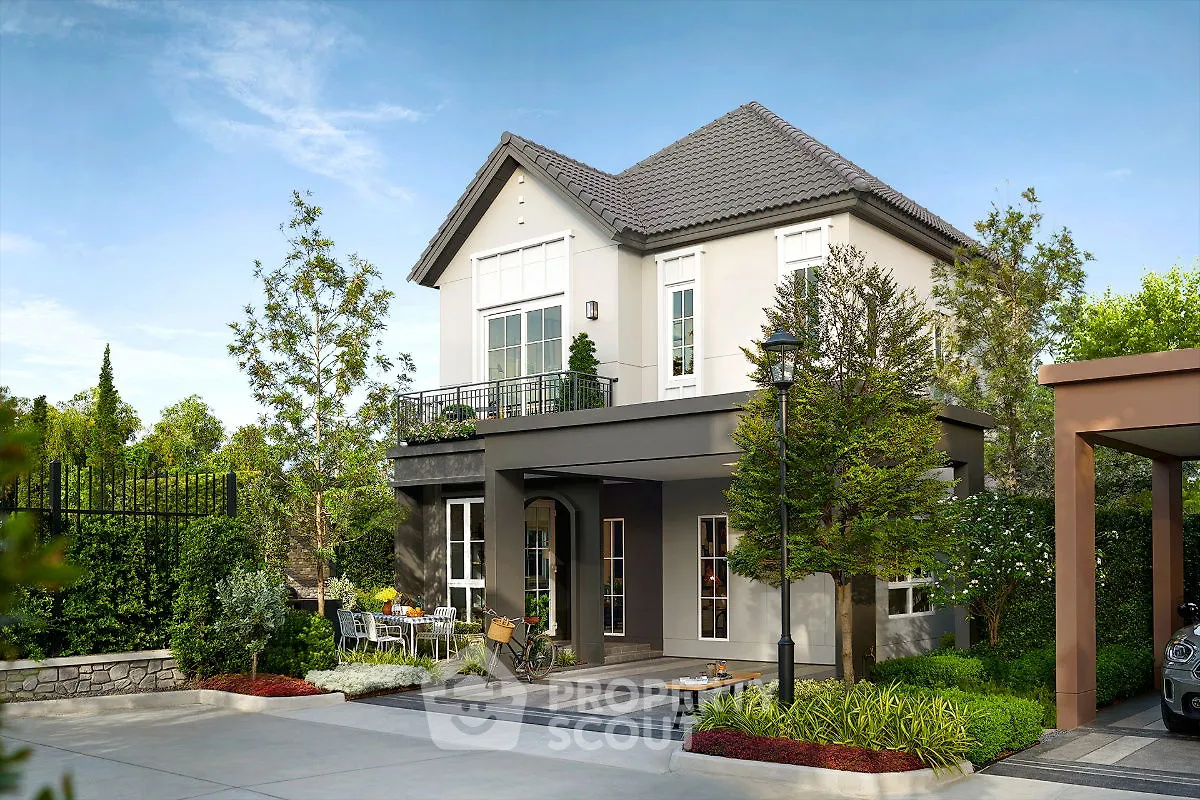 Charming two-story house with lush garden and modern architecture in serene neighborhood.