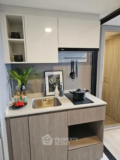 Modern compact kitchen with sleek cabinetry and induction cooktop