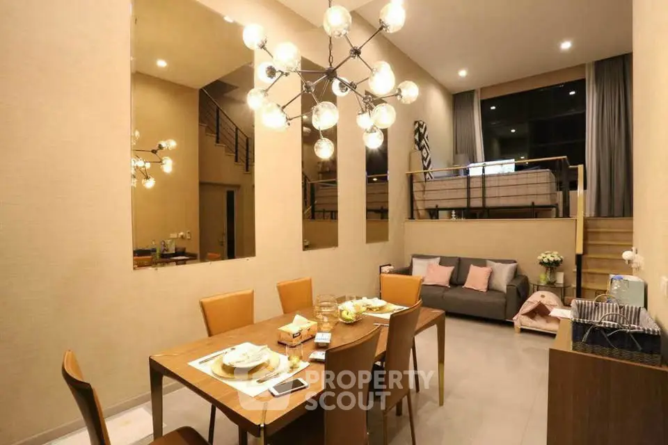 Luxurious modern living room with high ceilings and elegant dining area