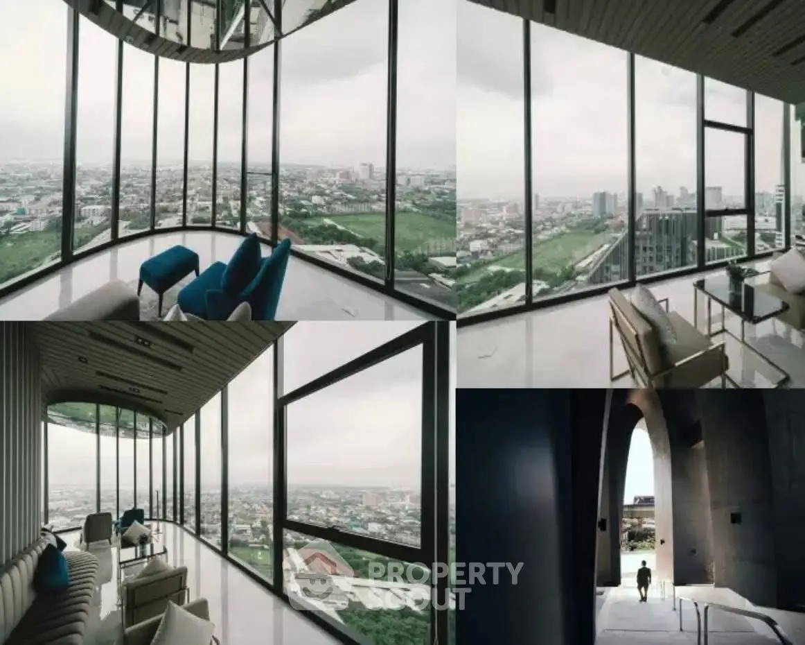 Stunning panoramic city view from modern high-rise building with floor-to-ceiling windows and stylish interior.