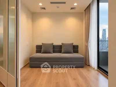 Modern living room with stylish sofa and city view balcony