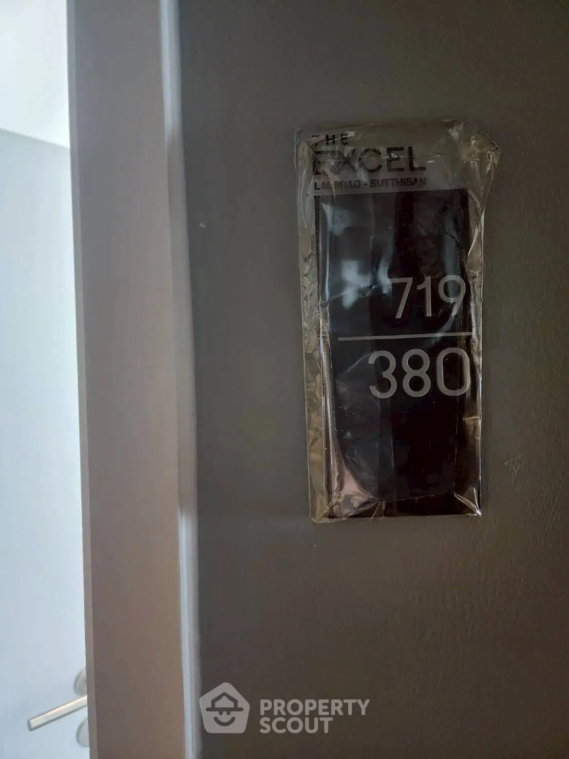 Modern apartment door with room number 719 and sleek design