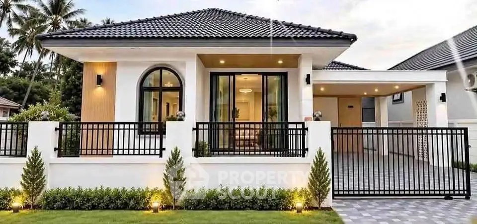 Charming modern bungalow with sleek design and lush landscaping, perfect for family living.