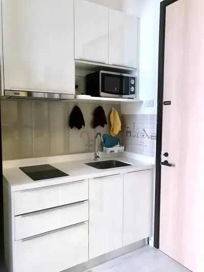 Modern compact kitchen with sleek white cabinets and built-in appliances