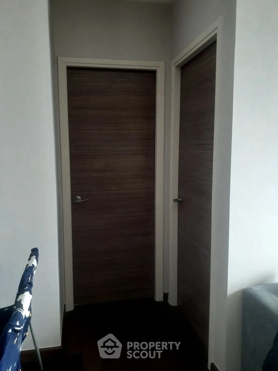 Modern interior with two wooden doors and a glimpse of furniture, showcasing minimalist design.