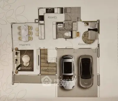 Modern floor plan with spacious dining, living areas, and two-car garage.