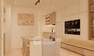 Modern living room with integrated kitchen and washing machine, featuring sleek design and warm lighting.