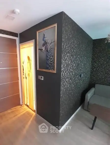 Stylish modern living room with unique wallpaper and elegant decor