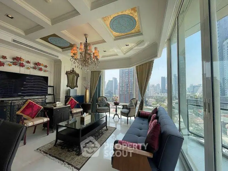 Luxurious living room with stunning city view and elegant decor
