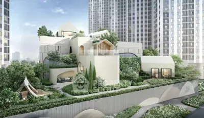 Luxurious modern building exterior with lush greenery and unique architectural design.