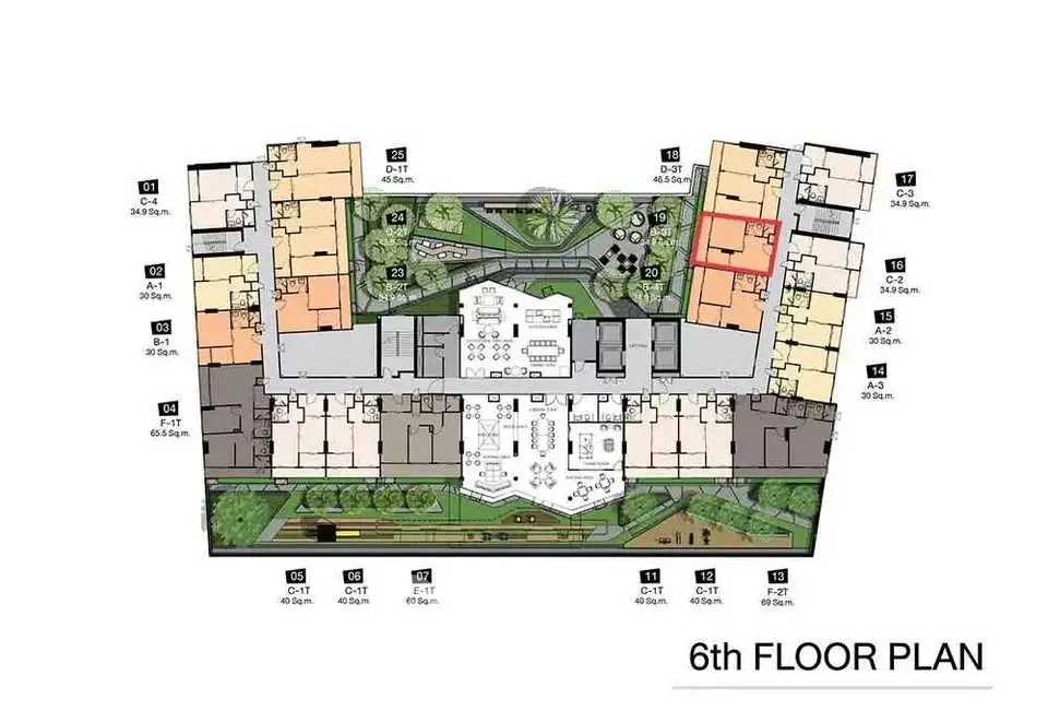 Detailed 6th floor plan showcasing modern apartment layout with green spaces and amenities.