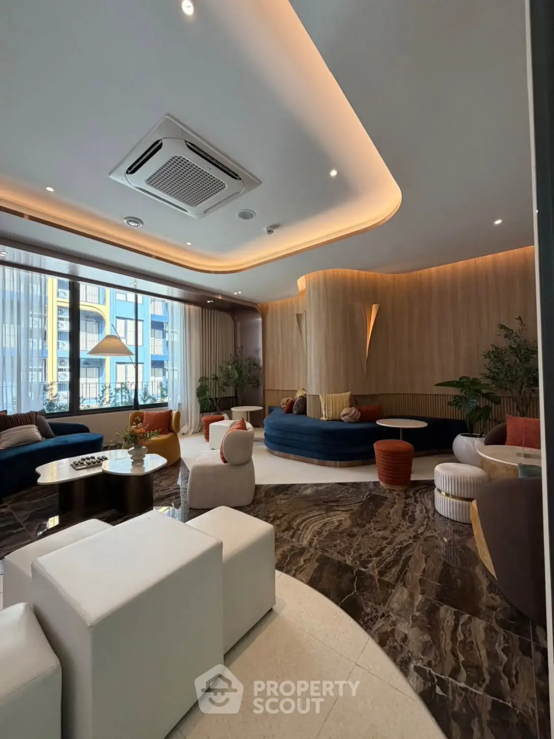 Luxurious modern living room with elegant design and ambient lighting
