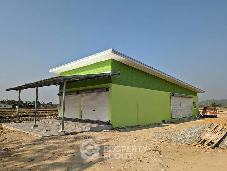 Modern green warehouse with roller doors in a spacious industrial area.