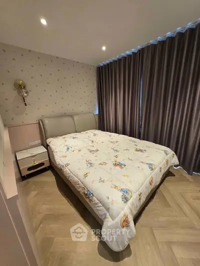 Cozy bedroom with stylish decor and elegant curtains, perfect for relaxation and comfort.