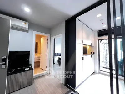Modern apartment interior with sleek design and balcony view