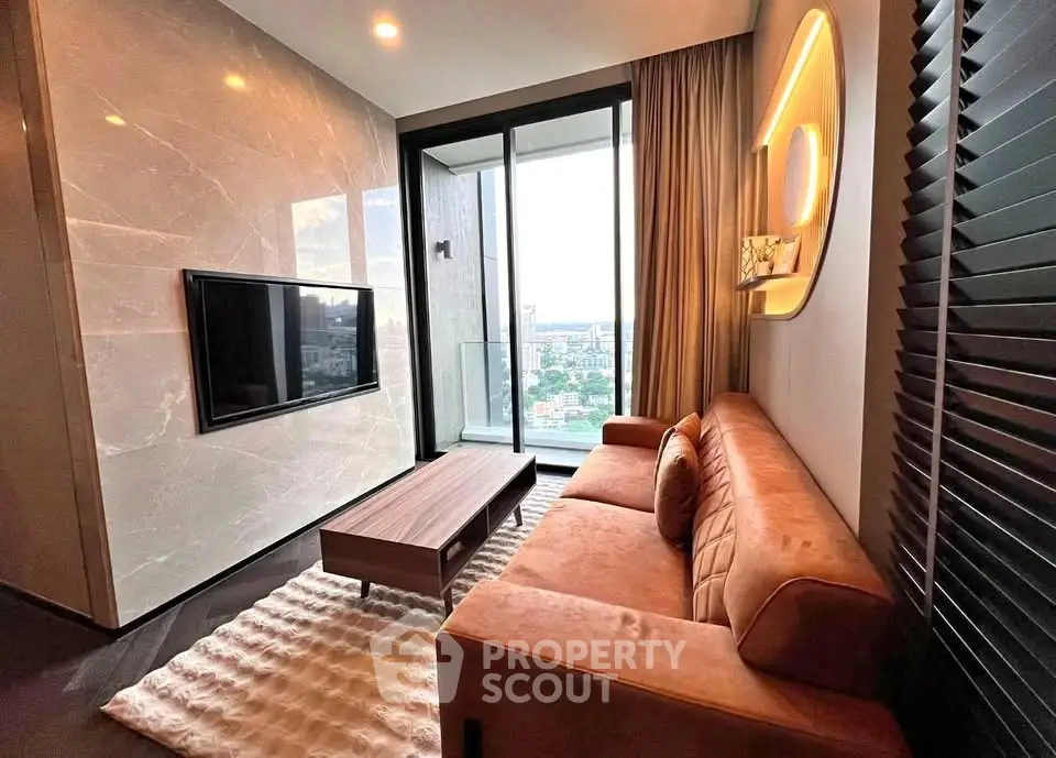 Luxurious living room with modern decor and stunning city view