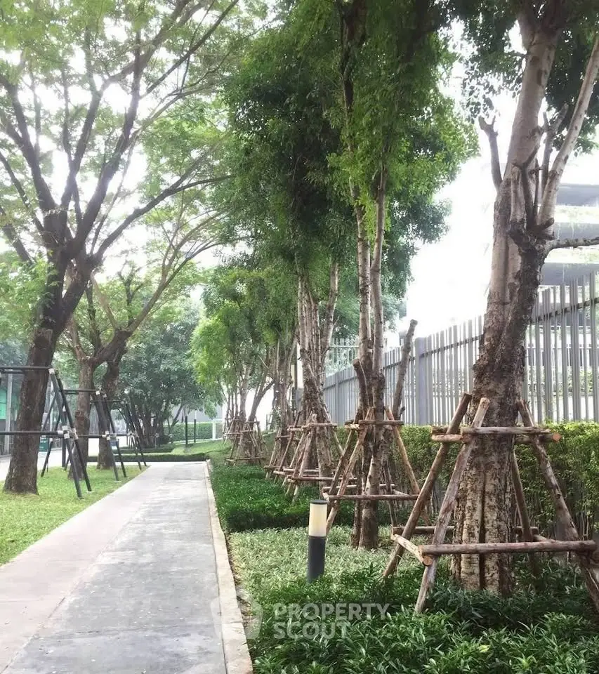 Lush garden pathway with mature trees and manicured hedges in a serene residential complex.