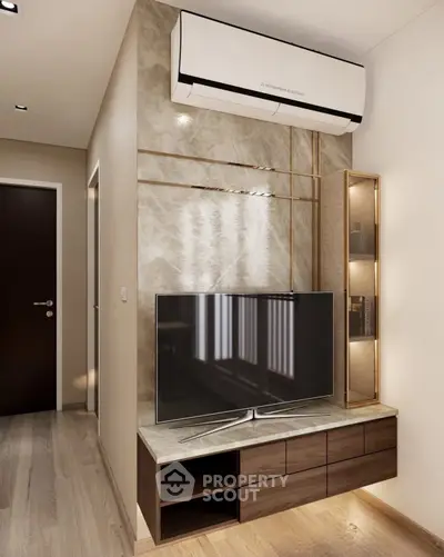 Modern living room with sleek TV unit and air conditioning