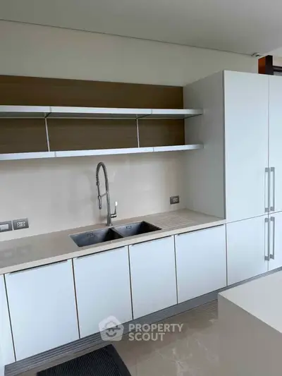 Modern kitchen with sleek cabinetry and dual sink in a contemporary apartment.