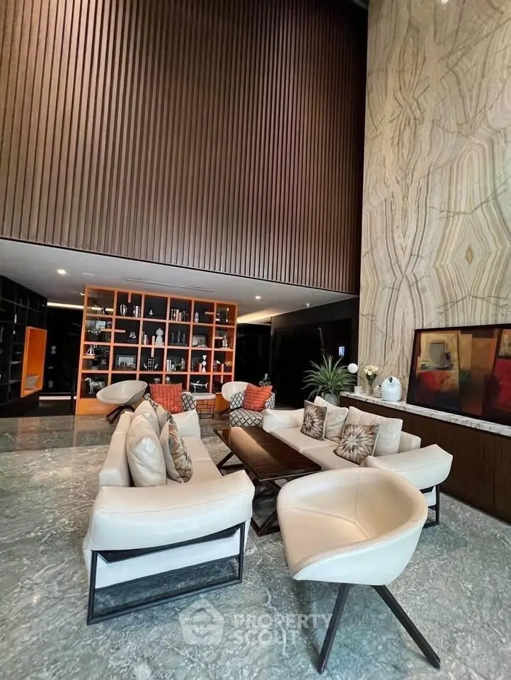 Luxurious modern living room with elegant decor and high ceilings