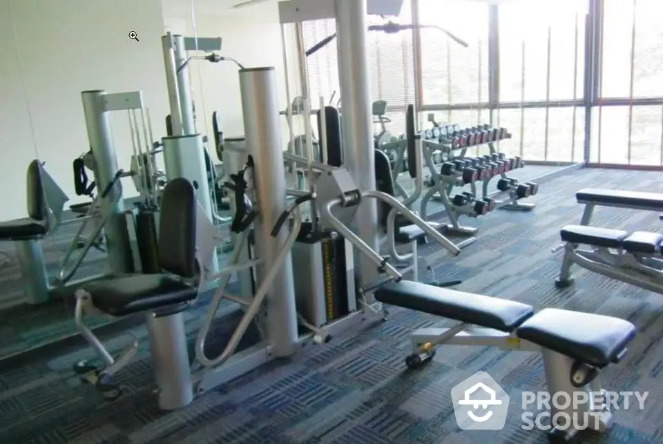 Spacious modern gym with state-of-the-art equipment and large windows offering natural light.