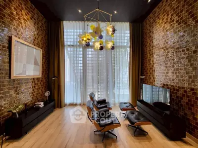 Luxurious living room with modern decor, high ceiling, and stylish furniture in upscale apartment.