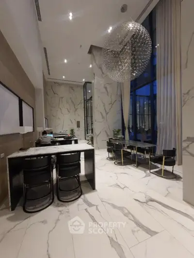 Luxurious modern living room with high ceilings and elegant marble flooring