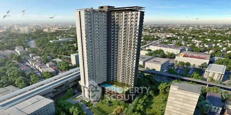 Stunning high-rise building with lush green surroundings and cityscape view, featuring a luxurious pool area.