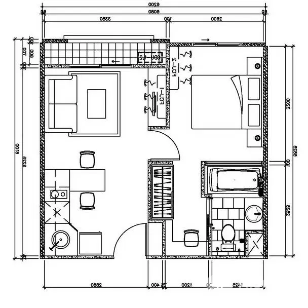 Detailed floor plan of a modern apartment with two bedrooms and open kitchen layout.