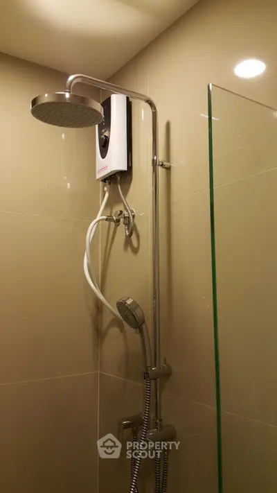 Modern bathroom shower with sleek fixtures and water heater