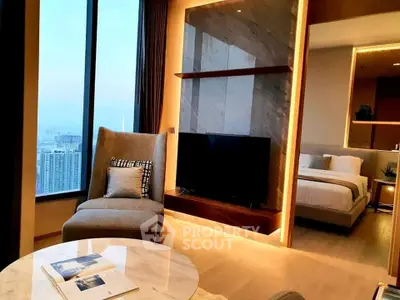 Luxurious high-rise apartment with stunning city view, elegant living room, and cozy bedroom.