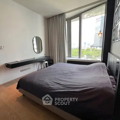 Modern bedroom with large windows and city view, featuring sleek furniture and contemporary design.