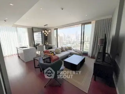 Luxurious living room with stunning city view and modern furnishings