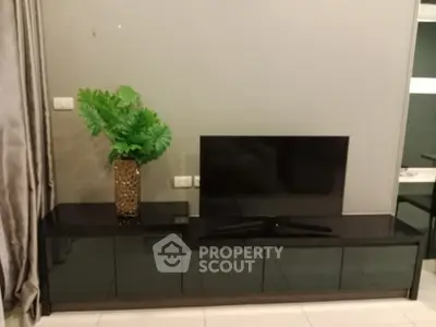 Modern living room with sleek TV stand and decorative plant enhancing the stylish interior design.