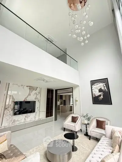 Luxurious modern living room with high ceiling and elegant decor