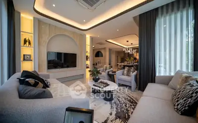 Luxurious modern living room with elegant decor and ambient lighting