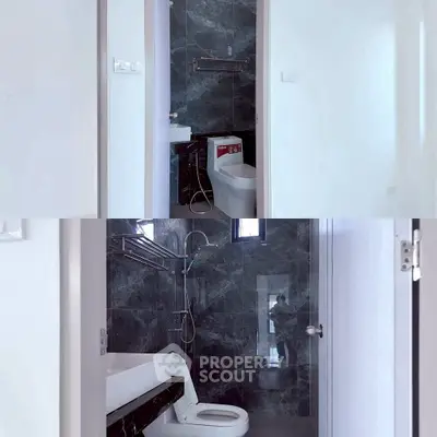 Modern bathroom with sleek design and dark marble tiles