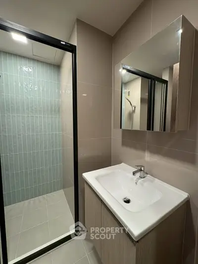 Modern bathroom with sleek sink and glass shower enclosure