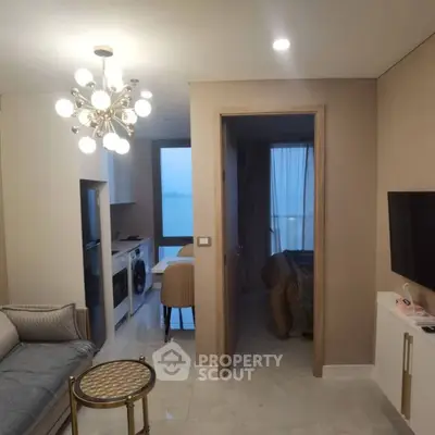 Modern apartment interior with stylish lighting and cozy living space