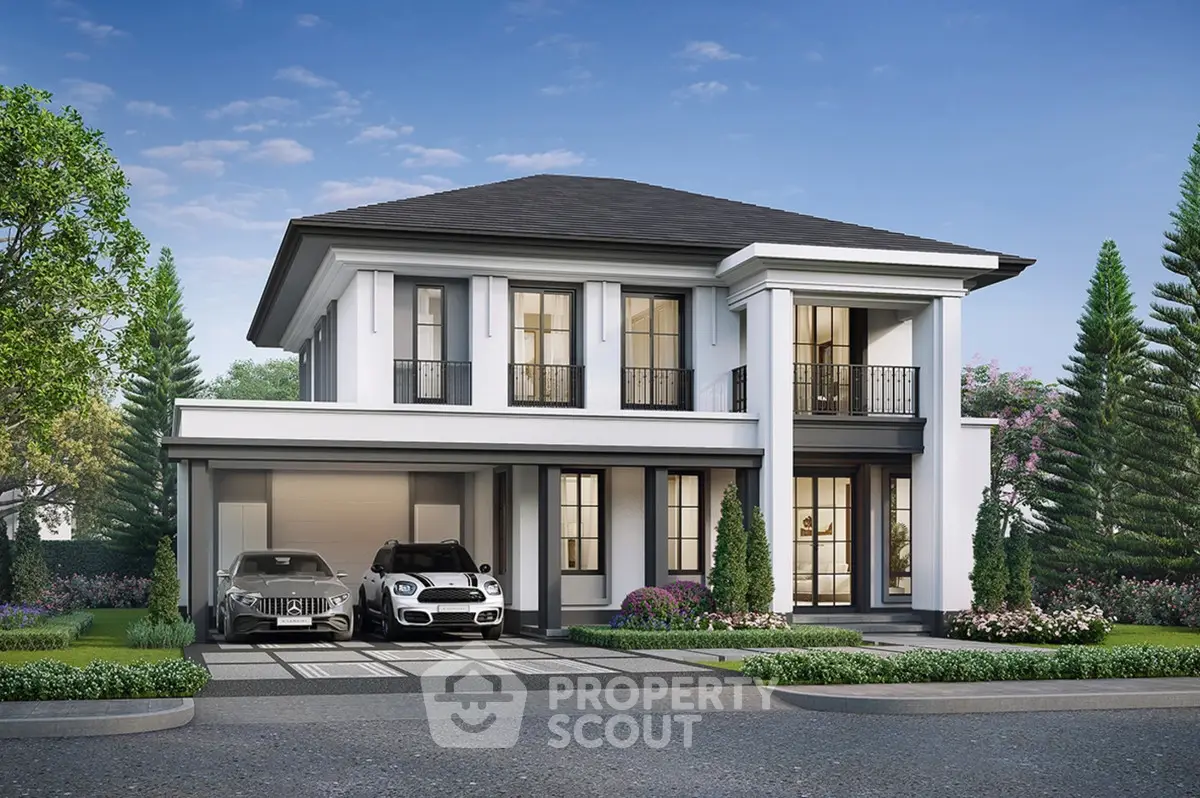 Luxurious modern two-story house with elegant facade and spacious driveway.