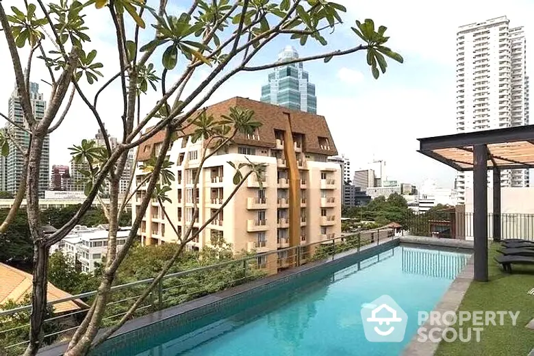 Luxurious rooftop pool with panoramic city views, surrounded by lush greenery and modern amenities, ideal for upscale urban living.