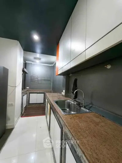 Modern kitchen with sleek countertops and ample storage space, perfect for culinary enthusiasts.