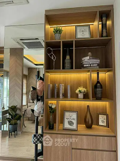 Stylish modern living room with elegant wooden shelving and decorative accents