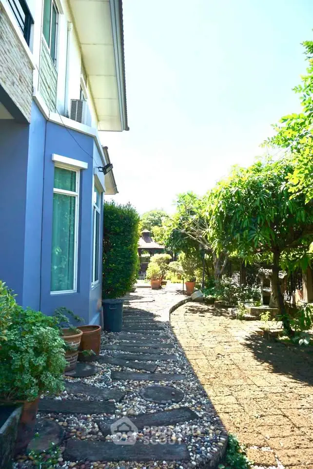 Charming garden pathway beside a modern home with lush greenery and potted plants.