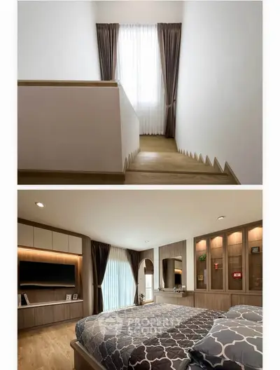 Modern bedroom with stylish decor and natural light, featuring a cozy bed and elegant wooden furnishings.