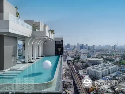 Stunning rooftop pool with panoramic city views in modern high-rise building