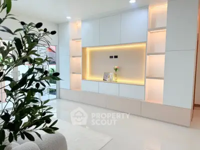Modern living room with sleek built-in storage and ambient lighting