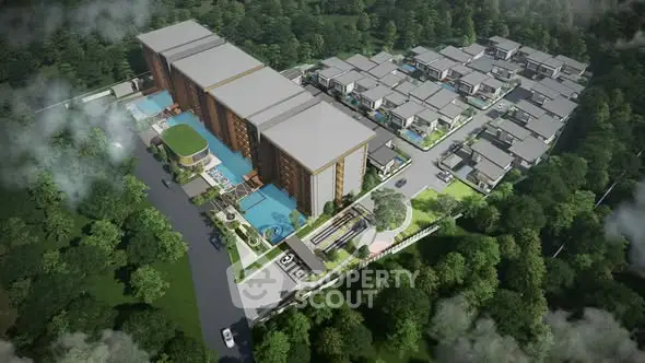 Aerial view of modern residential complex with lush greenery and swimming pools.
